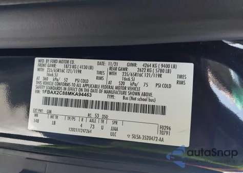 2021 Ford Transit-350 Passenger Van Xlt из США, поврежденный, VIN 1FBAX2C88MKA94463